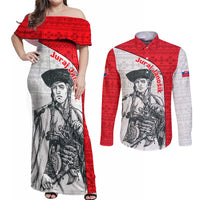 Juraj Janosik Slovakia Couples Matching Off Shoulder Maxi Dress and Long Sleeve Button Shirt with Folk Pattern Red White Legend Spirit