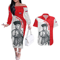Juraj Janosik Slovakia Couples Matching Off The Shoulder Long Sleeve Dress and Hawaiian Shirt with Folk Pattern Red White Legend Spirit