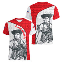 Juraj Janosik Slovakia Women V-Neck T-Shirt with Folk Pattern Red White Legend Spirit