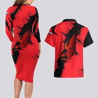 Slovakia Couples Matching Long Sleeve Bodycon Dress and Hawaiian Shirt with Red Black Falcon Claw No Mercy Spirit