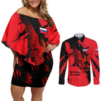 Slovakia Couples Matching Off Shoulder Short Dress and Long Sleeve Button Shirt with Red Black Falcon Claw No Mercy Spirit