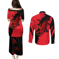 Slovakia Couples Matching Puletasi and Long Sleeve Button Shirt with Red Black Falcon Claw No Mercy Spirit