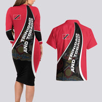 Trinidad and Tobago Flag Crest Design Couples Matching Long Sleeve Bodycon Dress and Hawaiian Shirt with Bold Red Black Diagonal Layout - Wonder Print Shop