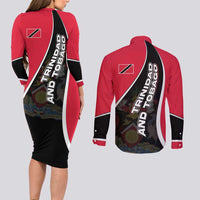 Trinidad and Tobago Flag Crest Design Couples Matching Long Sleeve Bodycon Dress and Long Sleeve Button Shirt with Bold Red Black Diagonal Layout - Wonder Print Shop