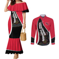 Trinidad and Tobago Flag Crest Design Couples Matching Mermaid Dress and Long Sleeve Button Shirt with Bold Red Black Diagonal Layout - Wonder Print Shop