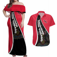 Trinidad and Tobago Flag Crest Design Couples Matching Off Shoulder Maxi Dress and Hawaiian Shirt with Bold Red Black Diagonal Layout - Wonder Print Shop