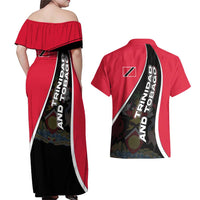 Trinidad and Tobago Flag Crest Design Couples Matching Off Shoulder Maxi Dress and Hawaiian Shirt with Bold Red Black Diagonal Layout - Wonder Print Shop