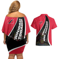 Trinidad and Tobago Flag Crest Design Couples Matching Off Shoulder Short Dress and Hawaiian Shirt with Bold Red Black Diagonal Layout - Wonder Print Shop