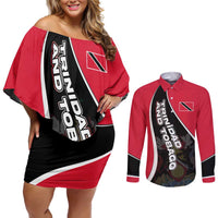 Trinidad and Tobago Flag Crest Design Couples Matching Off Shoulder Short Dress and Long Sleeve Button Shirt with Bold Red Black Diagonal Layout - Wonder Print Shop