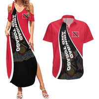 Trinidad and Tobago Flag Crest Design Couples Matching Summer Maxi Dress and Hawaiian Shirt with Bold Red Black Diagonal Layout - Wonder Print Shop