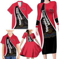 Trinidad and Tobago Flag Crest Design Family Matching Long Sleeve Bodycon Dress and Hawaiian Shirt with Bold Red Black Diagonal Layout - Wonder Print Shop