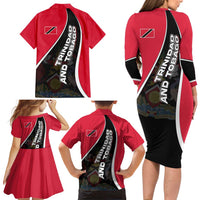 Trinidad and Tobago Flag Crest Design Family Matching Long Sleeve Bodycon Dress and Hawaiian Shirt with Bold Red Black Diagonal Layout - Wonder Print Shop