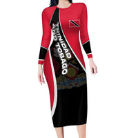 Trinidad and Tobago Flag Crest Design Family Matching Long Sleeve Bodycon Dress and Hawaiian Shirt with Bold Red Black Diagonal Layout - Wonder Print Shop