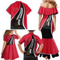 Trinidad and Tobago Flag Crest Design Family Matching Mermaid Dress and Hawaiian Shirt with Bold Red Black Diagonal Layout - Wonder Print Shop