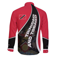 Trinidad and Tobago Flag Crest Design Family Matching Off The Shoulder Long Sleeve Dress and Hawaiian Shirt with Bold Red Black Diagonal Layout - Wonder Print Shop