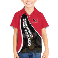 Trinidad and Tobago Flag Crest Design Family Matching Off The Shoulder Long Sleeve Dress and Hawaiian Shirt with Bold Red Black Diagonal Layout - Wonder Print Shop