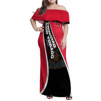 Trinidad and Tobago Flag Crest Design Family Matching Off Shoulder Maxi Dress and Hawaiian Shirt with Bold Red Black Diagonal Layout - Wonder Print Shop