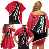 Trinidad and Tobago Flag Crest Design Family Matching Off Shoulder Short Dress and Hawaiian Shirt with Bold Red Black Diagonal Layout - Wonder Print Shop