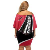 Trinidad and Tobago Flag Crest Design Family Matching Off Shoulder Short Dress and Hawaiian Shirt with Bold Red Black Diagonal Layout - Wonder Print Shop