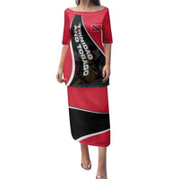 Trinidad and Tobago Flag Crest Design Family Matching Puletasi and Hawaiian Shirt with Bold Red Black Diagonal Layout - Wonder Print Shop