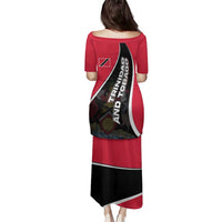 Trinidad and Tobago Flag Crest Design Family Matching Puletasi and Hawaiian Shirt with Bold Red Black Diagonal Layout - Wonder Print Shop