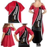 Trinidad and Tobago Flag Crest Design Family Matching Summer Maxi Dress and Hawaiian Shirt with Bold Red Black Diagonal Layout - Wonder Print Shop