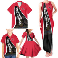 Trinidad and Tobago Flag Crest Design Family Matching Tank Maxi Dress and Hawaiian Shirt with Bold Red Black Diagonal Layout - Wonder Print Shop