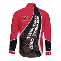 Trinidad and Tobago Flag Crest Design Long Sleeve Button Shirt with Bold Red Black Diagonal Layout - Wonder Print Shop