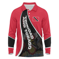 Trinidad and Tobago Flag Crest Design Long Sleeve Polo Shirt with Bold Red Black Diagonal Layout - Wonder Print Shop