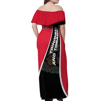 Trinidad and Tobago Flag Crest Design Off Shoulder Maxi Dress with Bold Red Black Diagonal Layout - Wonder Print Shop