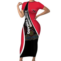 Trinidad and Tobago Flag Crest Design Short Sleeve Bodycon Dress with Bold Red Black Diagonal Layout - Wonder Print Shop