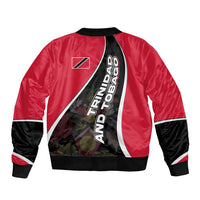 Trinidad and Tobago Flag Crest Design Sleeve Zip Bomber Jacket with Bold Red Black Diagonal Layout - Wonder Print Shop