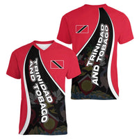 Trinidad and Tobago Flag Crest Design Women V-Neck T-Shirt with Bold Red Black Diagonal Layout - Wonder Print Shop