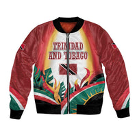Trinidad and Tobago Scarlet Ibis Bomber Jacket with Tropical Leaves and National Flag Design TS04