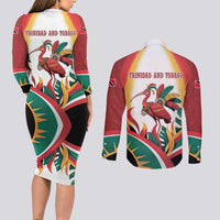 Trinidad and Tobago Scarlet Ibis Couples Matching Long Sleeve Bodycon Dress and Long Sleeve Button Shirt with Tropical Leaves and National Flag Design TS04