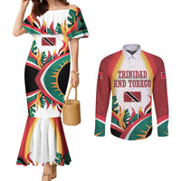 Trinidad and Tobago Scarlet Ibis Couples Matching Mermaid Dress and Long Sleeve Button Shirt with Tropical Leaves and National Flag Design TS04