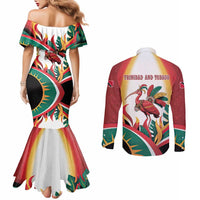 Trinidad and Tobago Scarlet Ibis Couples Matching Mermaid Dress and Long Sleeve Button Shirt with Tropical Leaves and National Flag Design TS04