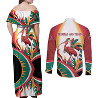 Trinidad and Tobago Scarlet Ibis Couples Matching Off Shoulder Maxi Dress and Long Sleeve Button Shirt with Tropical Leaves and National Flag Design TS04