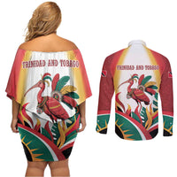 Trinidad and Tobago Scarlet Ibis Couples Matching Off Shoulder Short Dress and Long Sleeve Button Shirt with Tropical Leaves and National Flag Design TS04