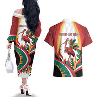 Trinidad and Tobago Scarlet Ibis Couples Matching Off The Shoulder Long Sleeve Dress and Hawaiian Shirt with Tropical Leaves and National Flag Design TS04
