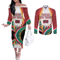 Trinidad and Tobago Scarlet Ibis Couples Matching Off The Shoulder Long Sleeve Dress and Long Sleeve Button Shirt with Tropical Leaves and National Flag Design TS04