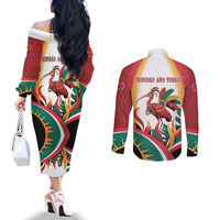 Trinidad and Tobago Scarlet Ibis Couples Matching Off The Shoulder Long Sleeve Dress and Long Sleeve Button Shirt with Tropical Leaves and National Flag Design TS04