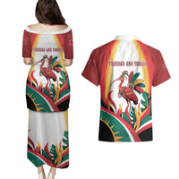 Trinidad and Tobago Scarlet Ibis Couples Matching Puletasi and Hawaiian Shirt with Tropical Leaves and National Flag Design TS04