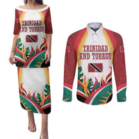 Trinidad and Tobago Scarlet Ibis Couples Matching Puletasi and Long Sleeve Button Shirt with Tropical Leaves and National Flag Design TS04