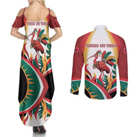 Trinidad and Tobago Scarlet Ibis Couples Matching Summer Maxi Dress and Long Sleeve Button Shirt with Tropical Leaves and National Flag Design TS04