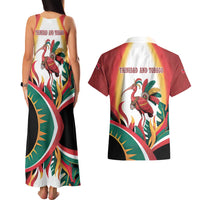 Trinidad and Tobago Scarlet Ibis Couples Matching Tank Maxi Dress and Hawaiian Shirt with Tropical Leaves and National Flag Design TS04