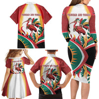 Trinidad and Tobago Scarlet Ibis Family Matching Long Sleeve Bodycon Dress and Hawaiian Shirt with Tropical Leaves and National Flag Design TS04