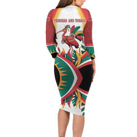 Trinidad and Tobago Scarlet Ibis Family Matching Long Sleeve Bodycon Dress and Hawaiian Shirt with Tropical Leaves and National Flag Design TS04