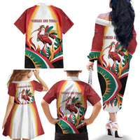 Trinidad and Tobago Scarlet Ibis Family Matching Off The Shoulder Long Sleeve Dress and Hawaiian Shirt with Tropical Leaves and National Flag Design TS04