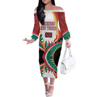 Trinidad and Tobago Scarlet Ibis Family Matching Off The Shoulder Long Sleeve Dress and Hawaiian Shirt with Tropical Leaves and National Flag Design TS04